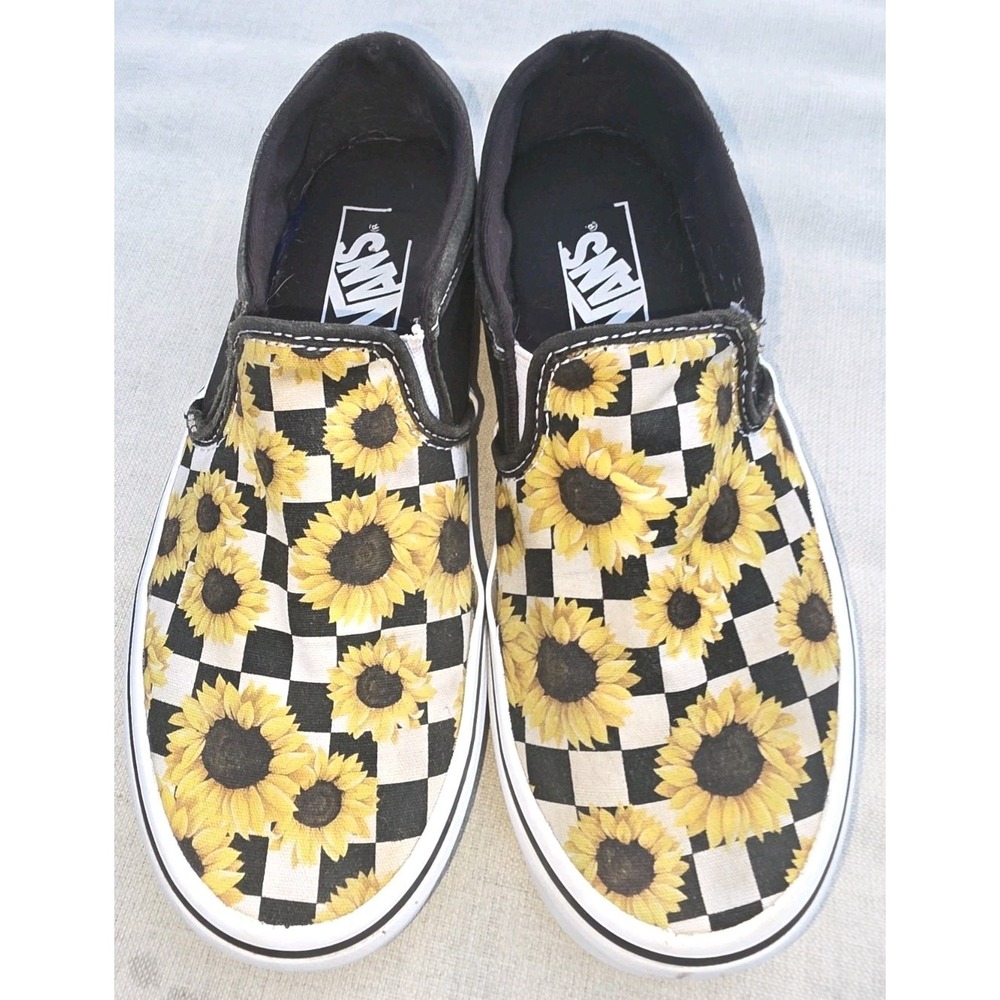 Vans Classic Slip-On Sunflower Checkerboard Black White Floral Skate Shoes